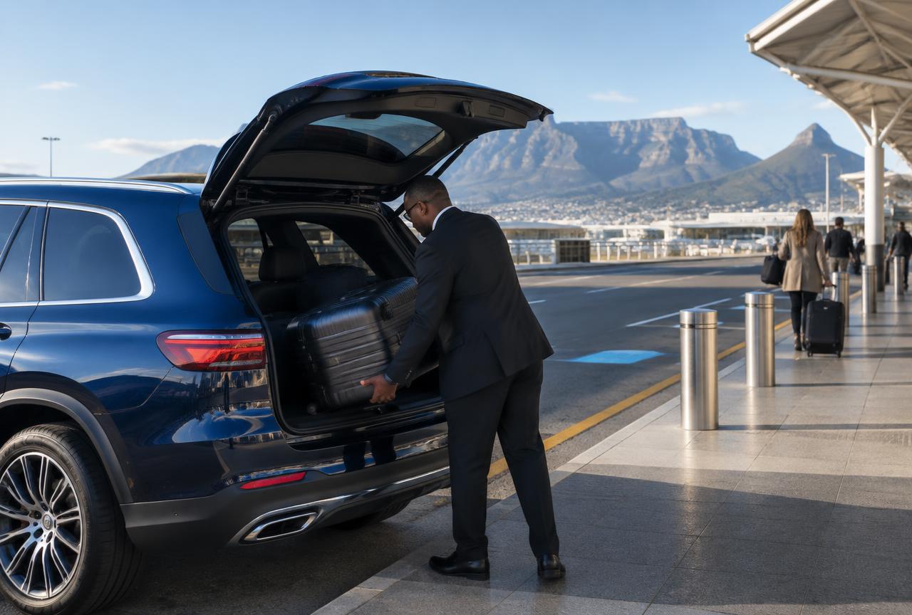 Driver loading luggage into a private vehicle at Cape Town airport