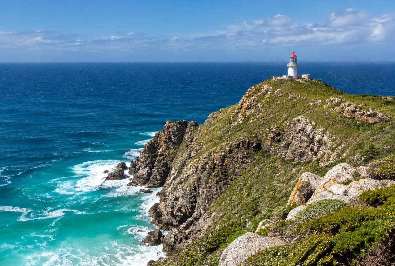 Cape Point lighthouse on cliffs above the ocean