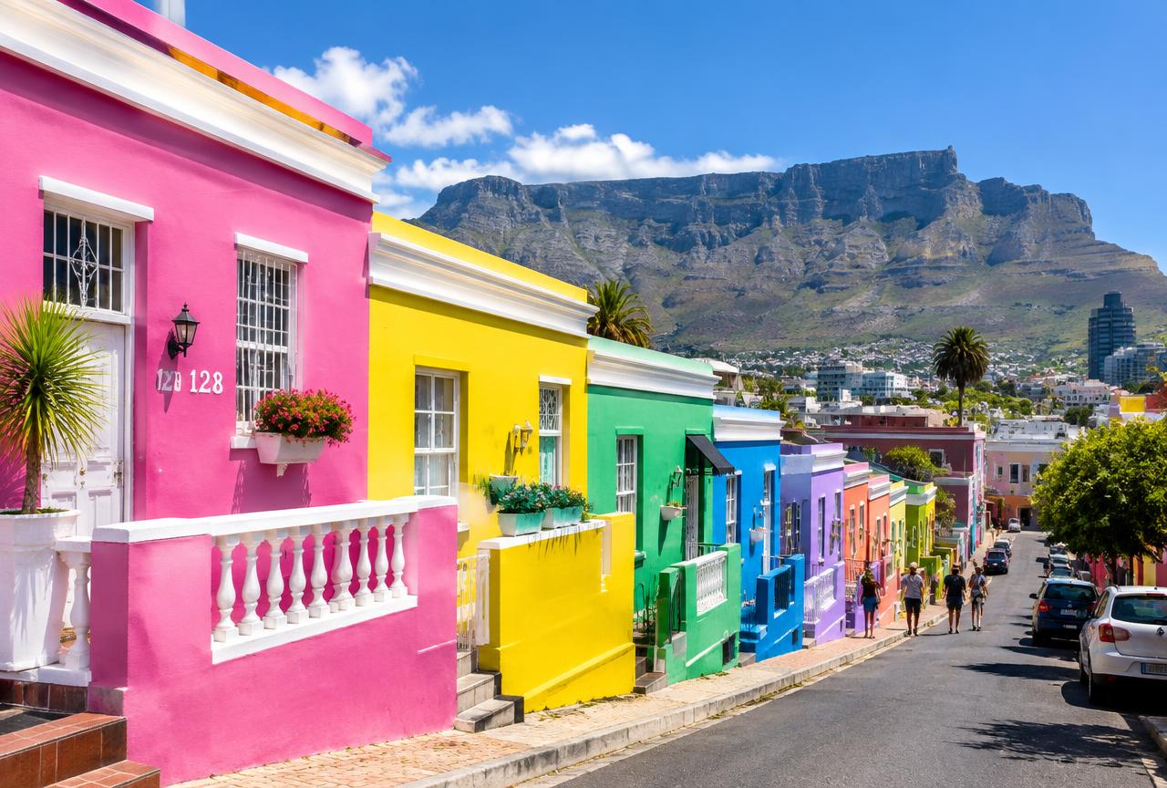 Colourful Bo-Kaap houses with Table Mountain behind