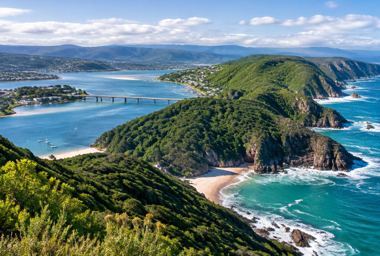 Knysna lagoon and forested coastal cliffs on the Garden Route