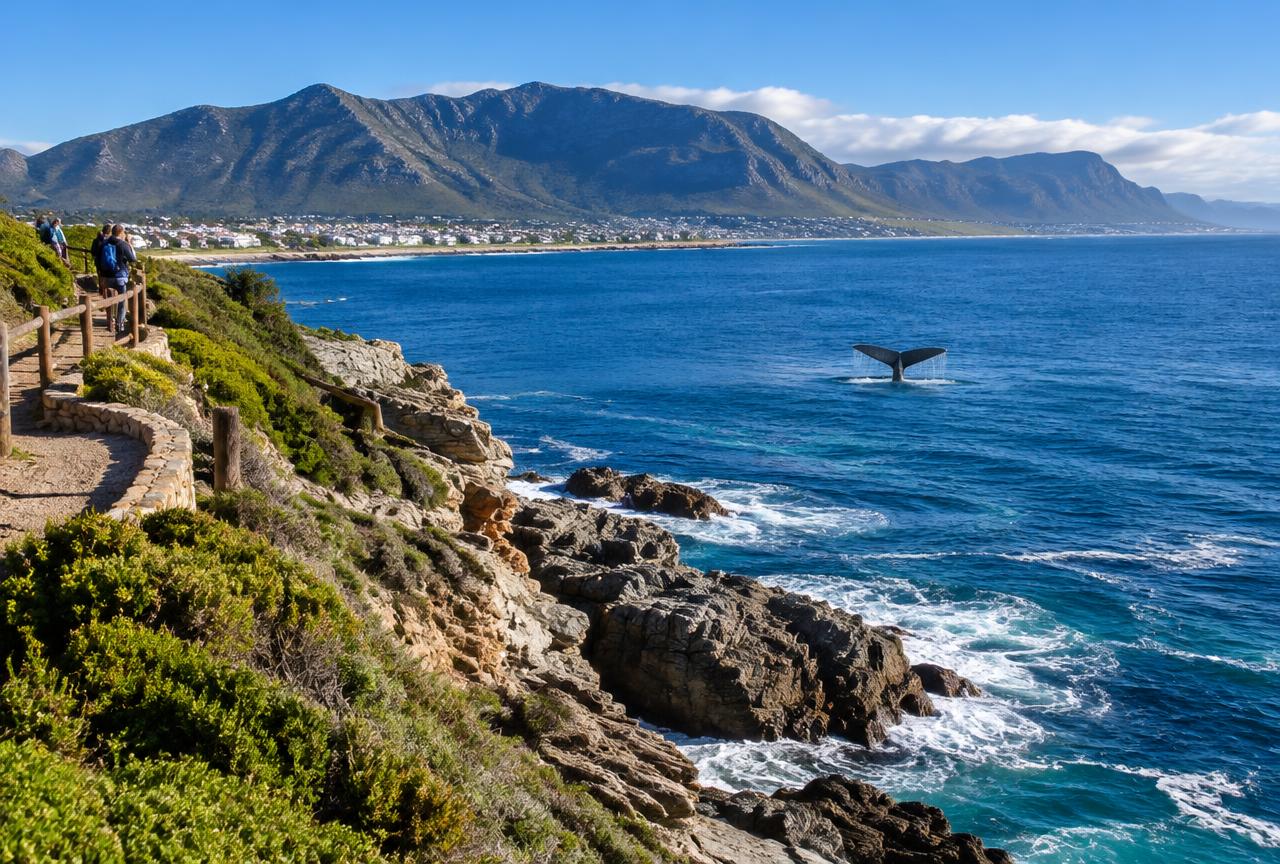 Hermanus rocky coastline with a whale tail in the bay