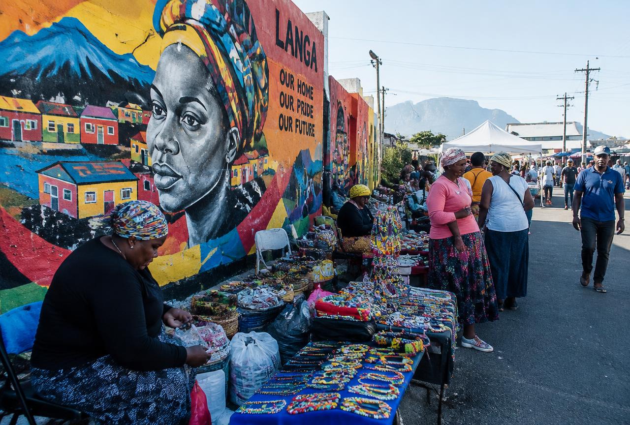Community market and colourful mural in Langa, Cape Town