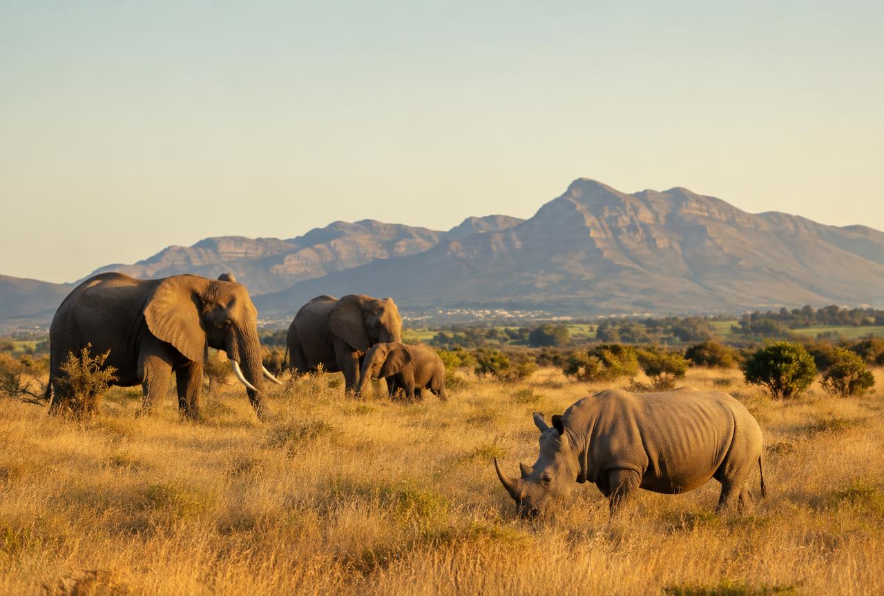 Elephants and a rhino in golden grassland with mountains behind