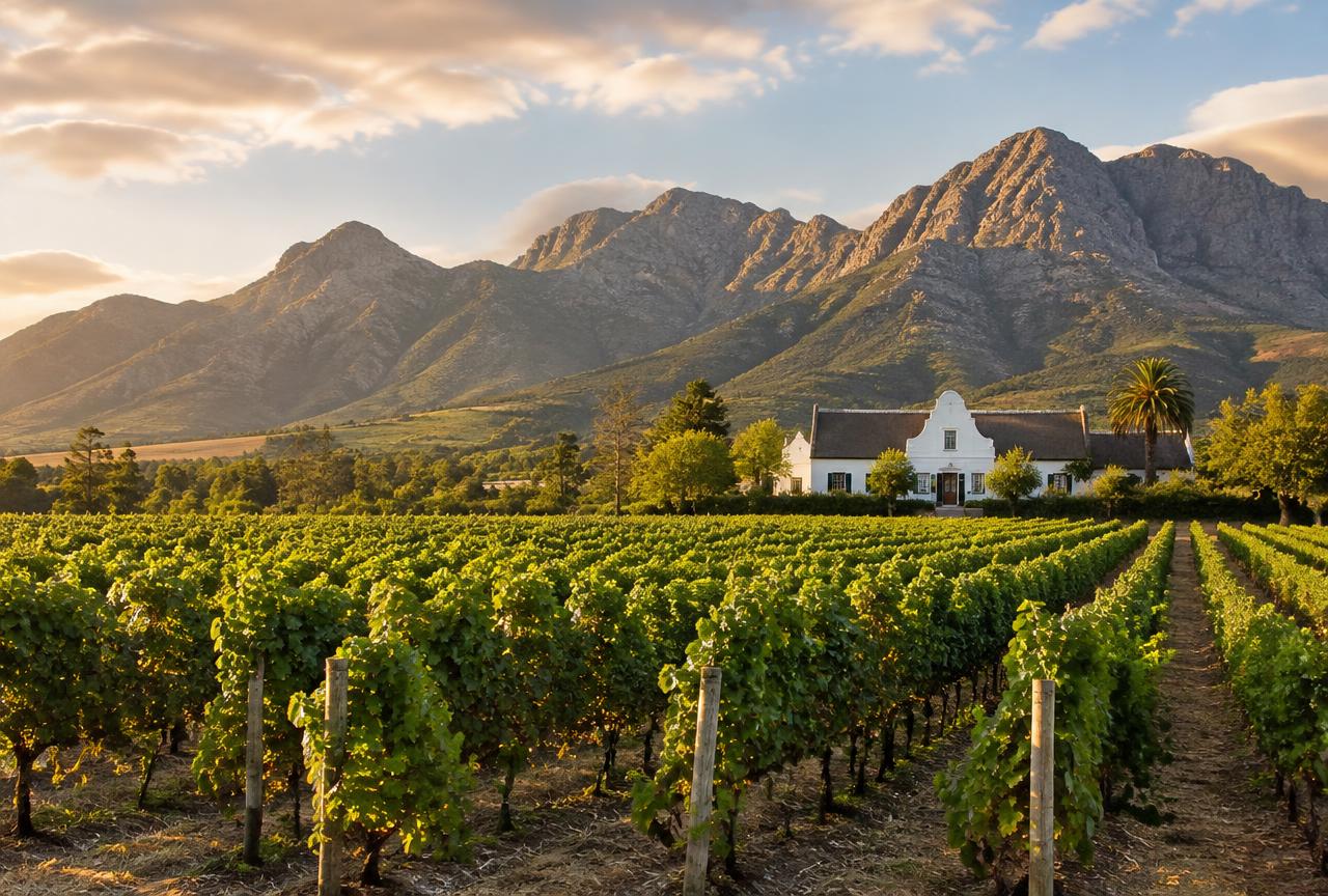 Vineyard rows and a Cape Dutch farmhouse beneath mountains in Stellenbosch
